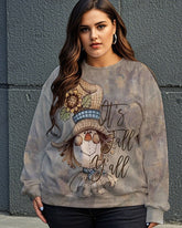 Retro Pumpkin Old Women Big and Tall Round Neck Long Sleeve Sweatshirt